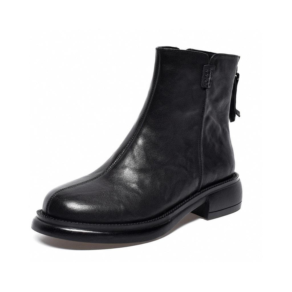 Martin boots women's autumn and winter new round head flat bottom short boots simple casual rear zipper leather boots cotton boots