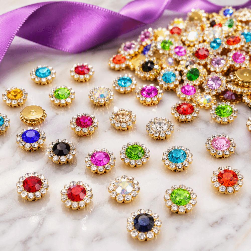 300pcs Assorted Color Rhinestone Buttons Gold Tone Base Flower Rhinestones For Jewelry Making