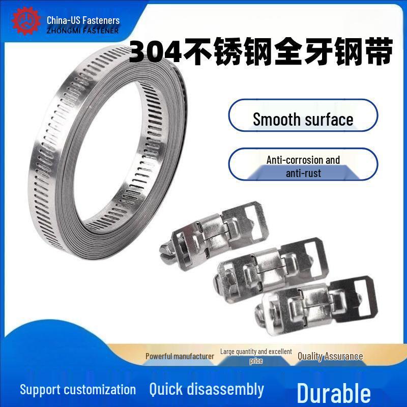 304 Stainless Steel Full Thread Hose Clamp for DIY, Large Size, Perforated 8mm clamp heads