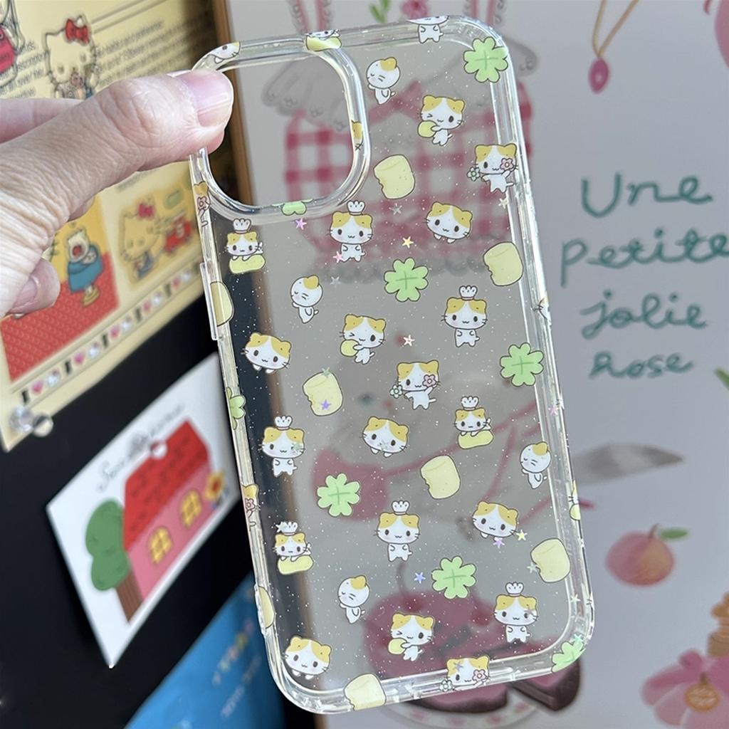 Japan INS Creative Cute Clover Cotton Candy Cat Glitter Phone Case For iPhone 16 15 14 13 12 11 Pro Max XR MAX 78Plus Y2k Cover