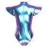 S-3XL Women Metallic Shiny Bodysuit Fly Sleeve Mock Neck Back Zipper Leotard Jumpsuit for Club Dance Space Cosplay