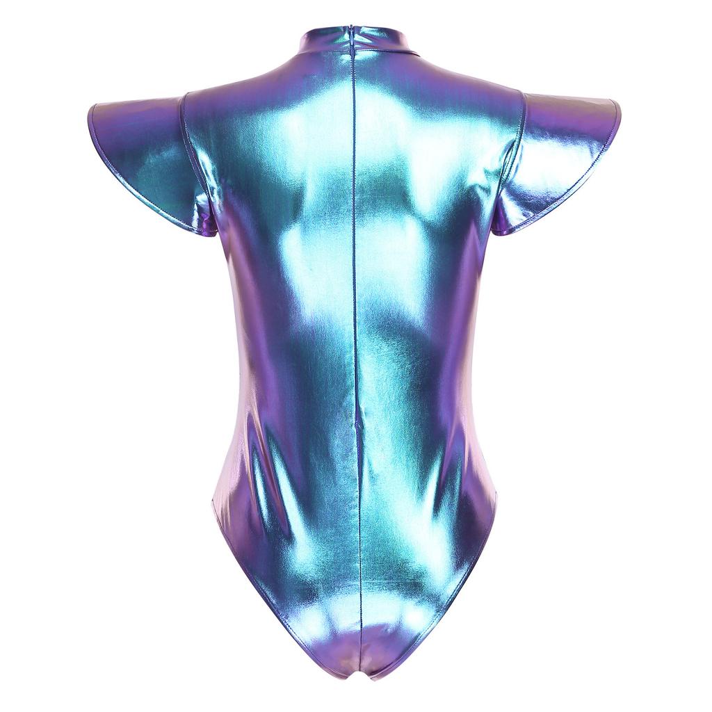 S-3XL Women Metallic Shiny Bodysuit Fly Sleeve Mock Neck Back Zipper Leotard Jumpsuit for Club Dance Space Cosplay