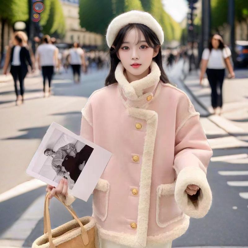 Women Thickened Loose Cashmere Patchwork Jacket Winter Solid Color Long Sleeve Warm Casual Coat Single Breasted Outerwear
