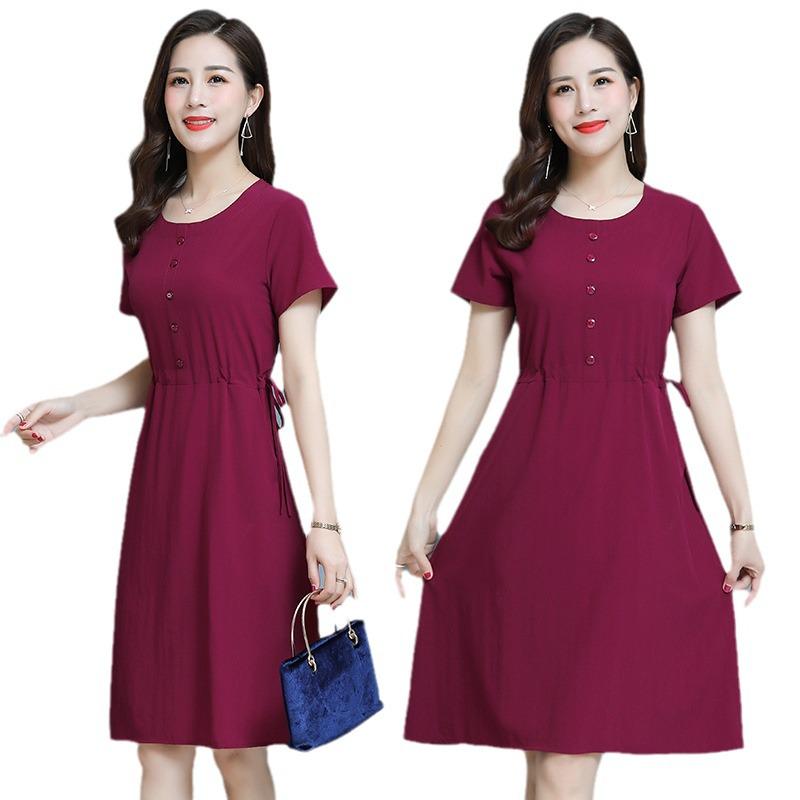 Loose Plus Size Summer Fashion Dress for Middle-Aged & Elderly Women - Solid Color, Mid-Length, Short Sleeves