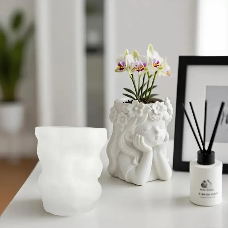 A Top Quality Wearing Wreath Girl Shape Vase Silicone Molds DIY Candle Cup Vessel Plaster Concrete Mould Storage Box Flowerpot