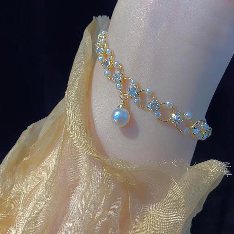 Sweet Romantic Pearl  Crossed Gold Colour Bracelet Set