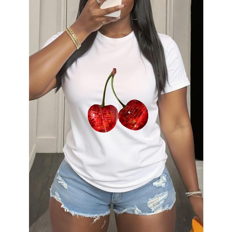 

European Size Women s Summer Casual Cherry Print Tunic Top - Short Sleeve Round Neck Blouse with Cherry & Leaf Design, Vibrant Red Cherry Pattern 4XL білий