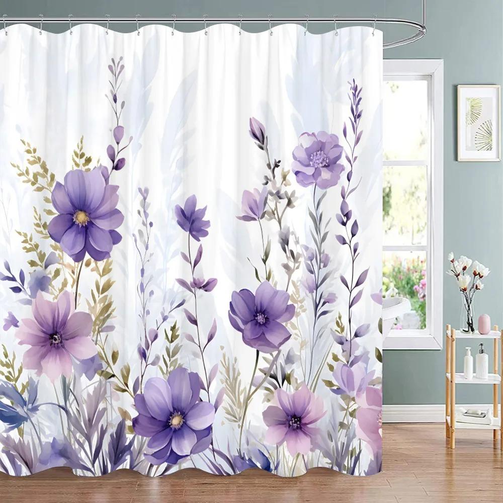 Spring Botanical Floral Shower Curtain Watercolour Style Floral Landscape Washable Fabric Bath Curtain Bathroom Decor With Hooks