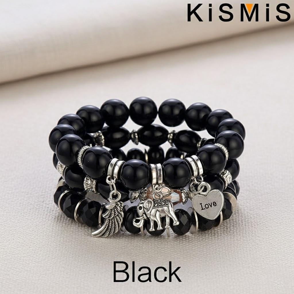 3Pcs Layered Boho Bracelets Set Stackable Stretch Bead Bracelet with Elephant Heart Charm for Women Fashion Jewelry