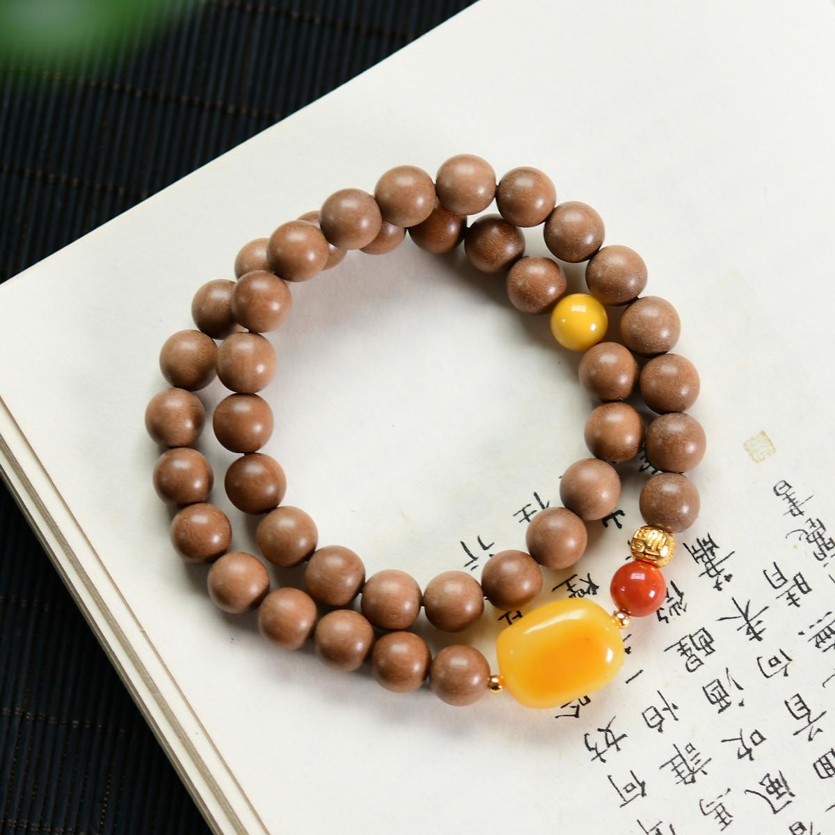 Old Mountain Sandalwood & Amber Double-Loop Bracelet with Red Agate and 925 Silver Beads Sandalwood