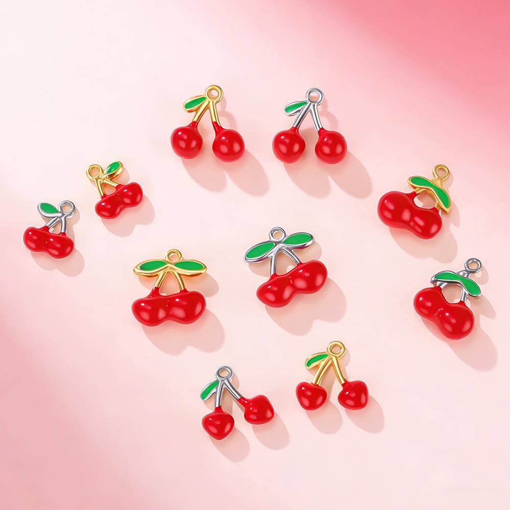 5pcs Red Enamel Cherry Charms Stainless Steel Fruit Pendants for DIY Bracelets Necklaces Jewelry Making Accessories Handmade DIY