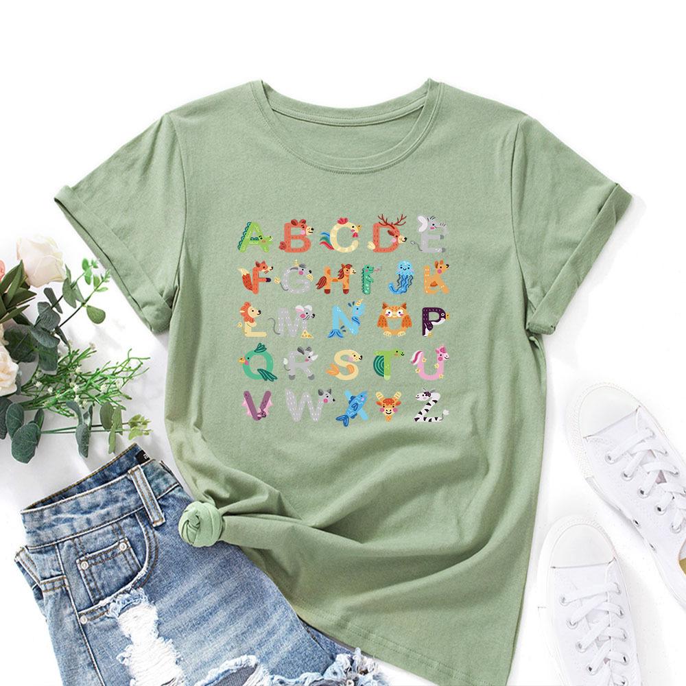 Cotton T-Shirt Short Sleeve Round Neck Women 2d Print Tops