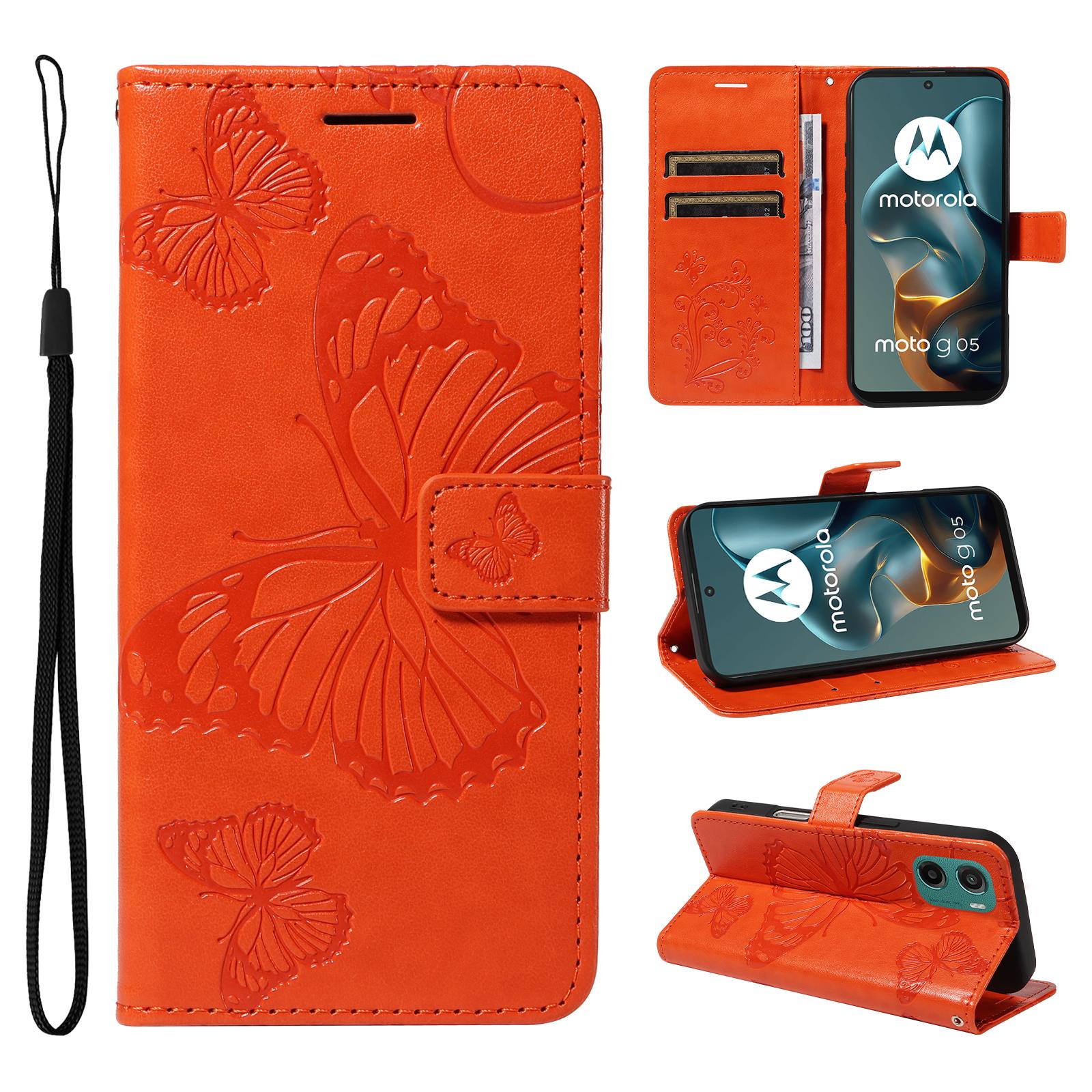 

Для Motorola Moto G05 4G Чехол-кошелек Кожаный чехол для телефона с цветочным и бабочковым принтом Подставка Orange
