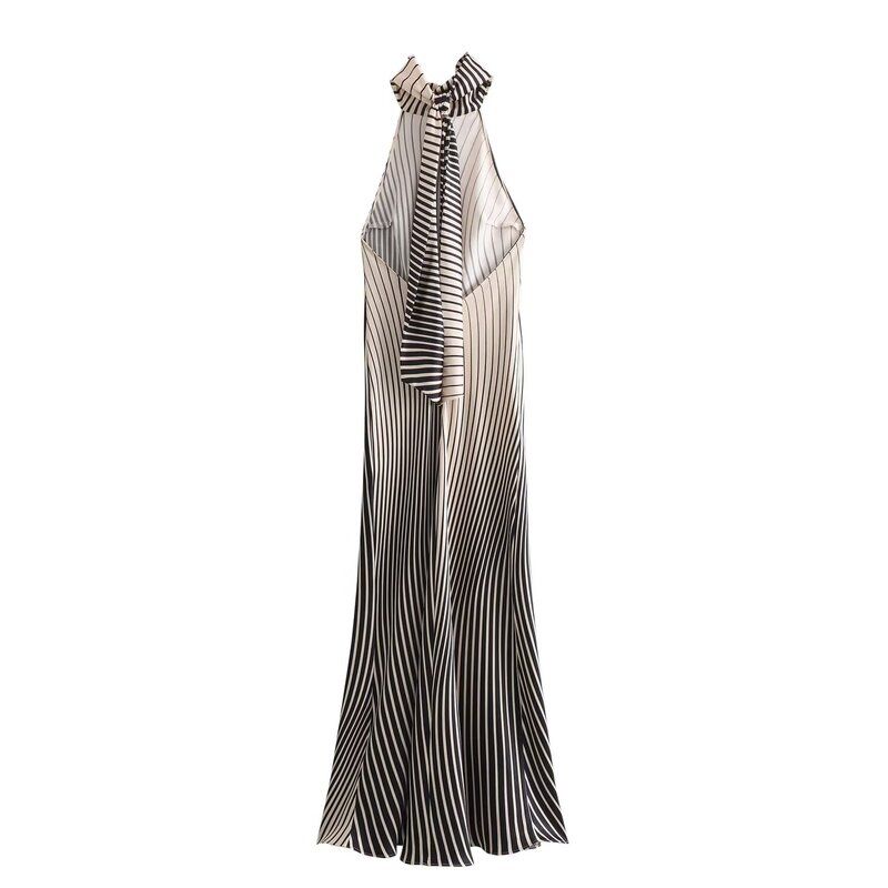 Fashion Style 2024 Amoi Women's Hanging Collar Silk Satin Texture Stripes Mid Length Long Length Dress 3142009 064