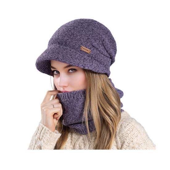 2Pcs/Set Women Winter Hat Scarf Set Solid Color Elastic Thickened Ear Protection Knitting Hat