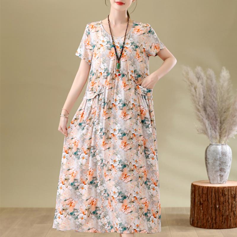 Elegant Woman Summer Dress Casual Loose Short Sleeve Long Dresses Plus Size Woman Clothing