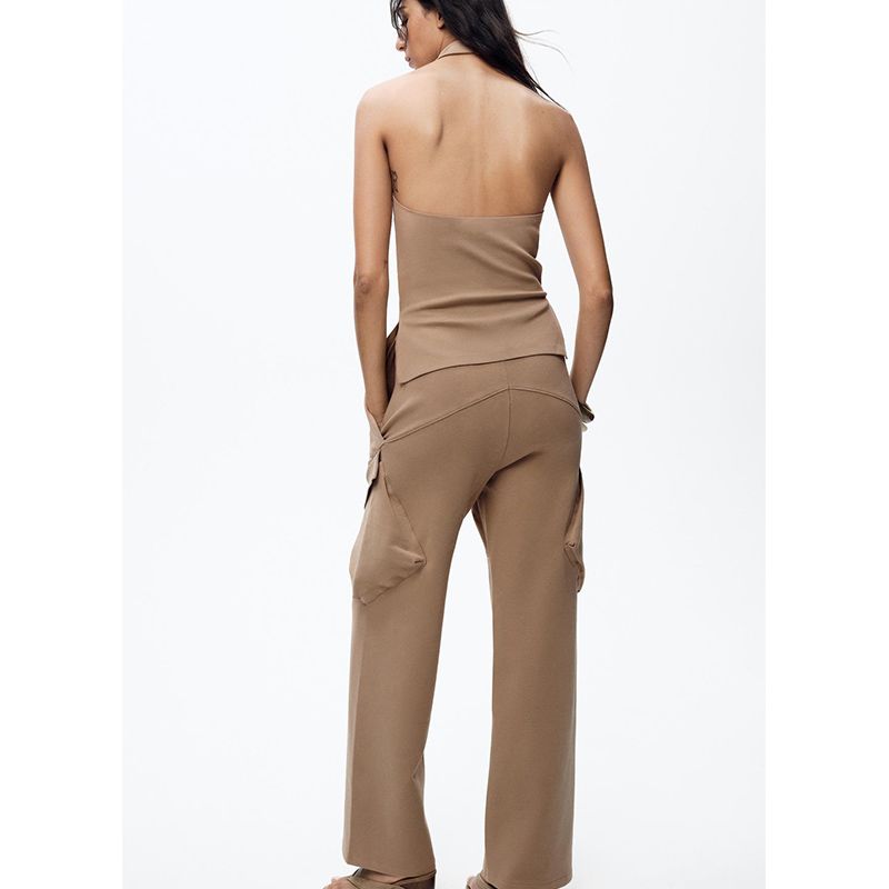 Off-the-Shoulder Hanging Collar Casual Tops 4174182 Cotton Blended Overalls Wide Leg Mid Waist Pants 4174183