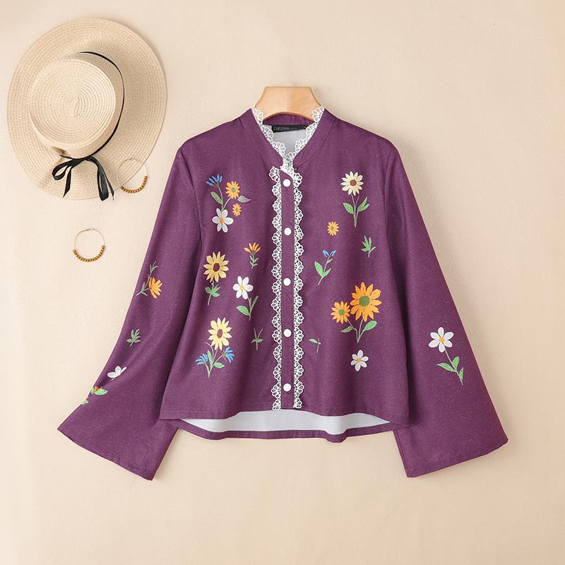 

ZANZEA Женская повседневная блузка с цветочным принтом, свободного кроя, с длинным рукавом и воротником-стойкой 5XL