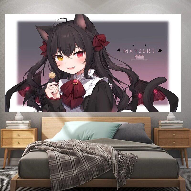 Cute Cat Ear Anime Girl Tapestry Blue Aesthetic Nekomimi Wall Hanging for Bedroom Otaku Room Decor Wall Hanging Tapestry