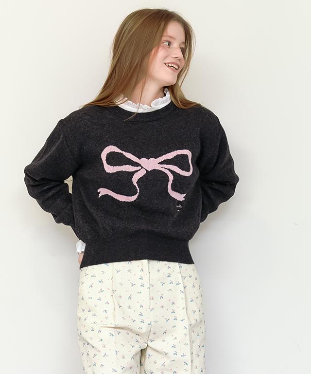 RONRON Heart Ribbon Jacquard Knit Charcoal