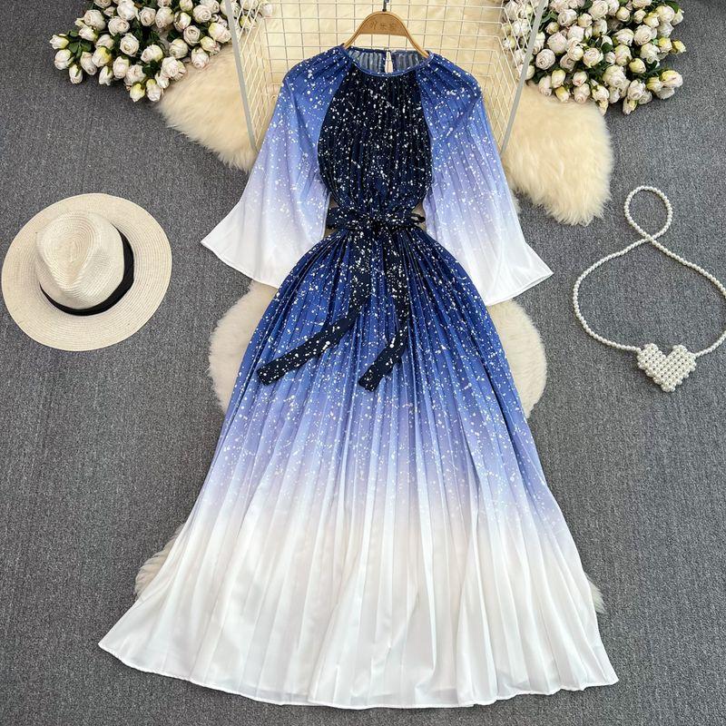 

Summer Retro Cropped Sleeves Gradient Color Pleated Dress Blue One size