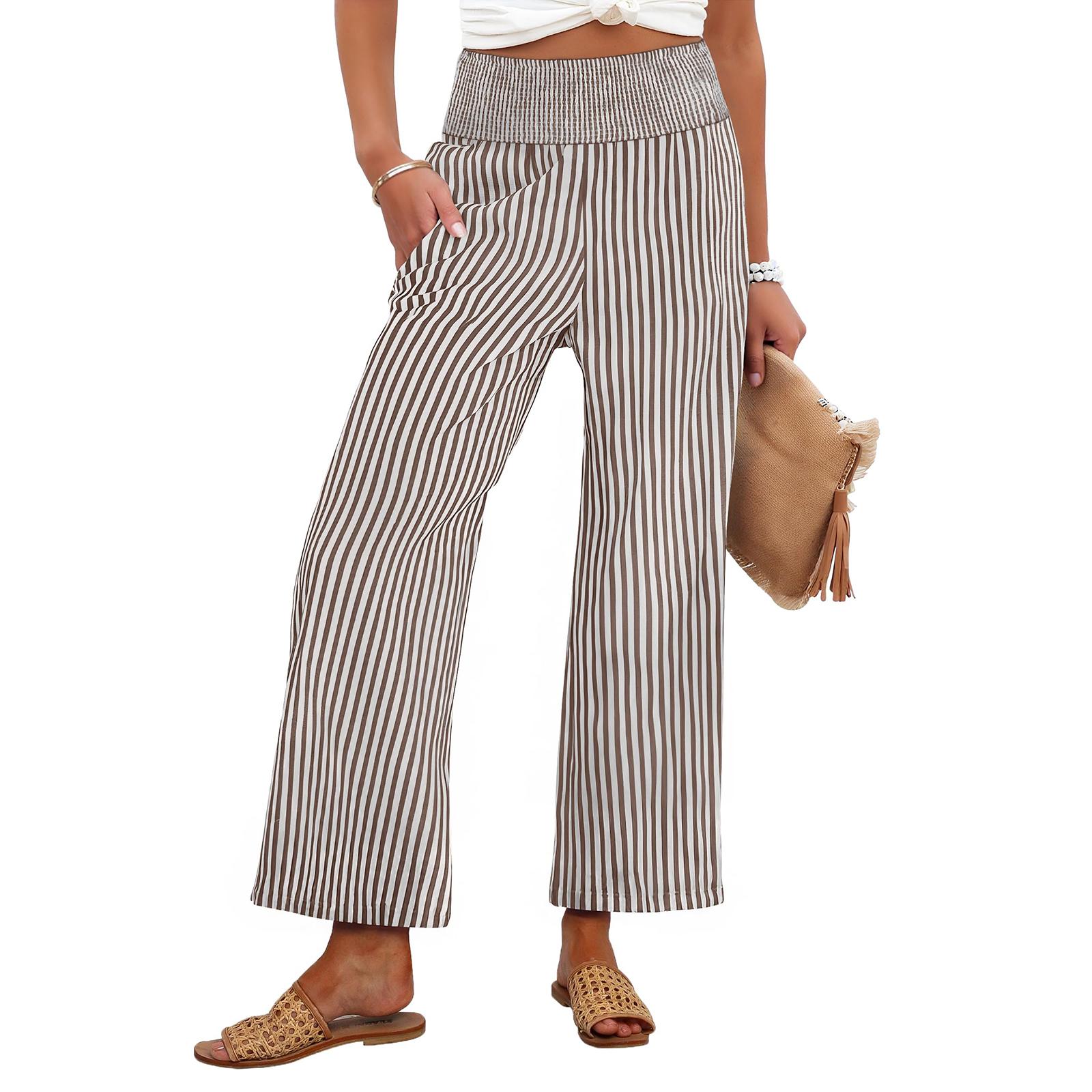 Women s Fashionable Loose Pleated Elastic Waistband Pocket Striped Casual Cropped /10 Pants L коричневый