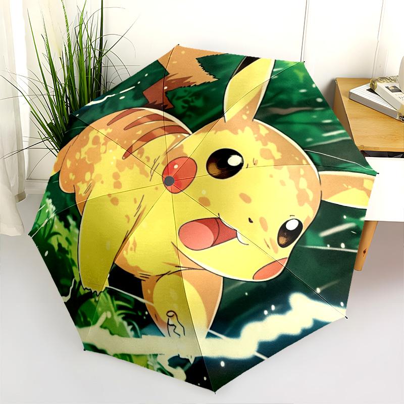 Fantasia Pikachu, ombrello pieghevole automatico, design portatile e pieghevole, 8 stecche, un regalo di Natale o di compleanno.