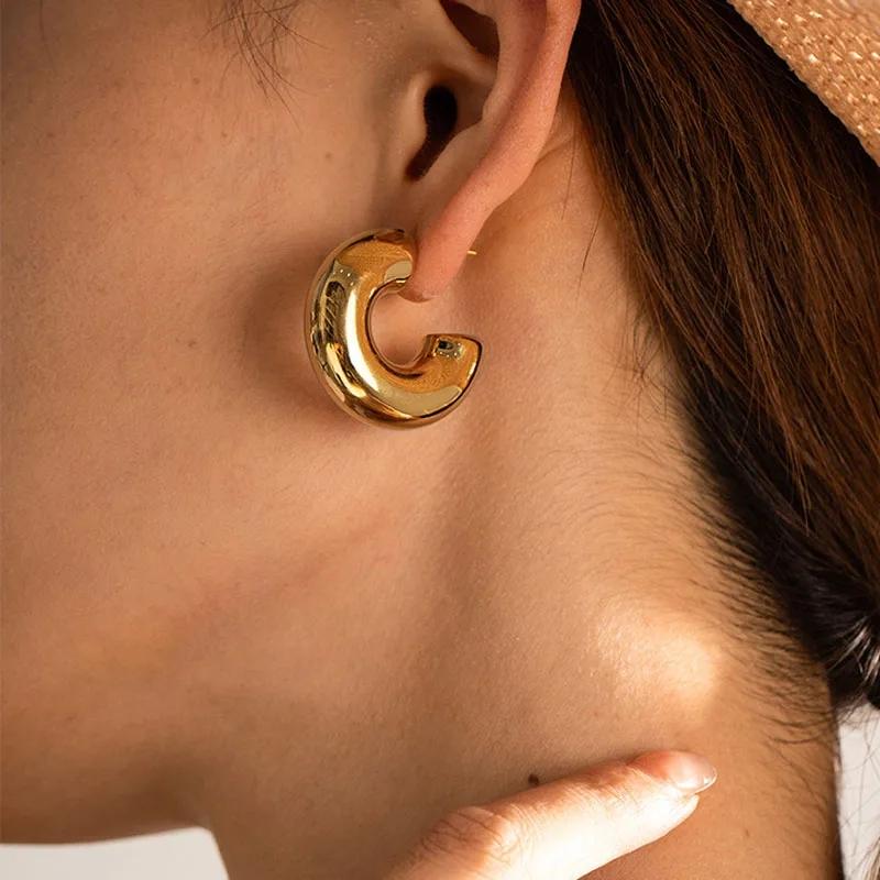 New Gold Plated Thick Hoop Earrings for Women Minimalist Geometric Simple Round Silver Earring Fashion Jewelry Gifts