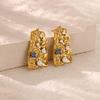Vintage Blue Zircon Textured Stainless Steel Earrings Women 18K Gold-plated Artificial Pearl Earring Chunky Jewelry Accessories