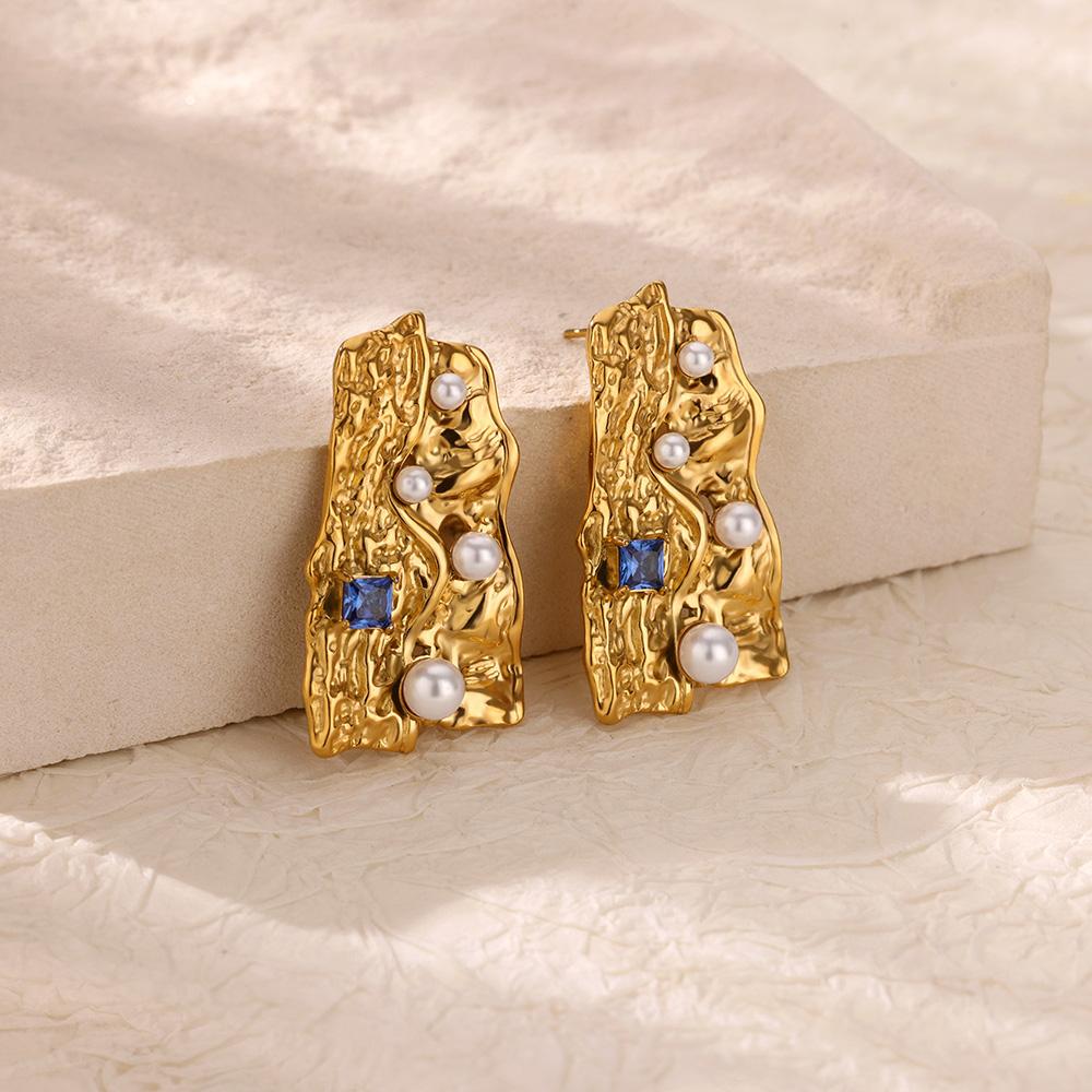 Vintage Blue Zircon Textured Stainless Steel Earrings Women 18K Gold-plated Artificial Pearl Earring Chunky Jewelry Accessories