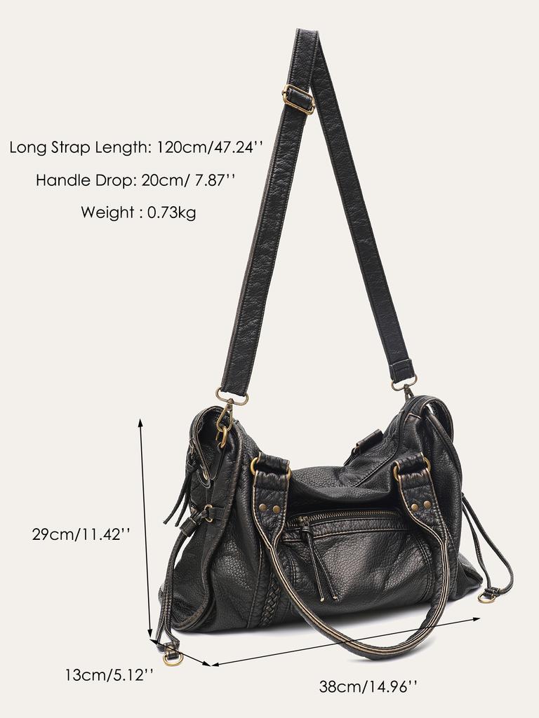 Vintage Washed PU Leather Large Capacity Tote Zip Pockets Braid Decor Shoulder Cross body Bag Unisex Women Daily Travel Handbag