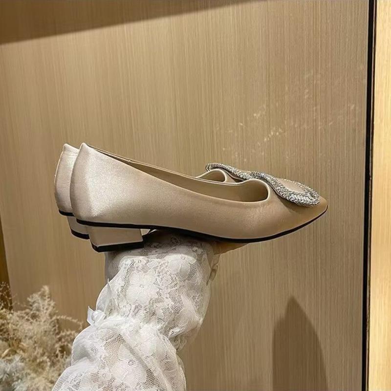 Soft Sole Square Toe Rhinestone Low Heel French Spring Single Shoes Women 2026 New Versatile Plus Size