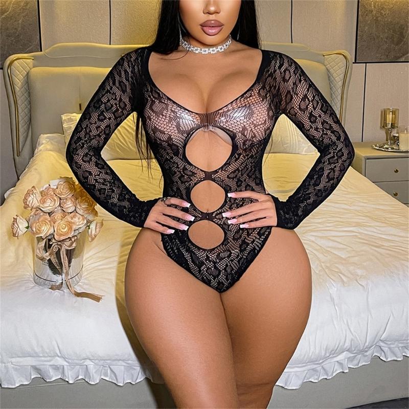 Damski Monokini z Długim Rękawem i Wycięciami z Siateczki Fishnet, Bez Pleców, Prześwitujące Siatkowe Body, Rajstopy Bielizna Piżama Ubrania Klubowe