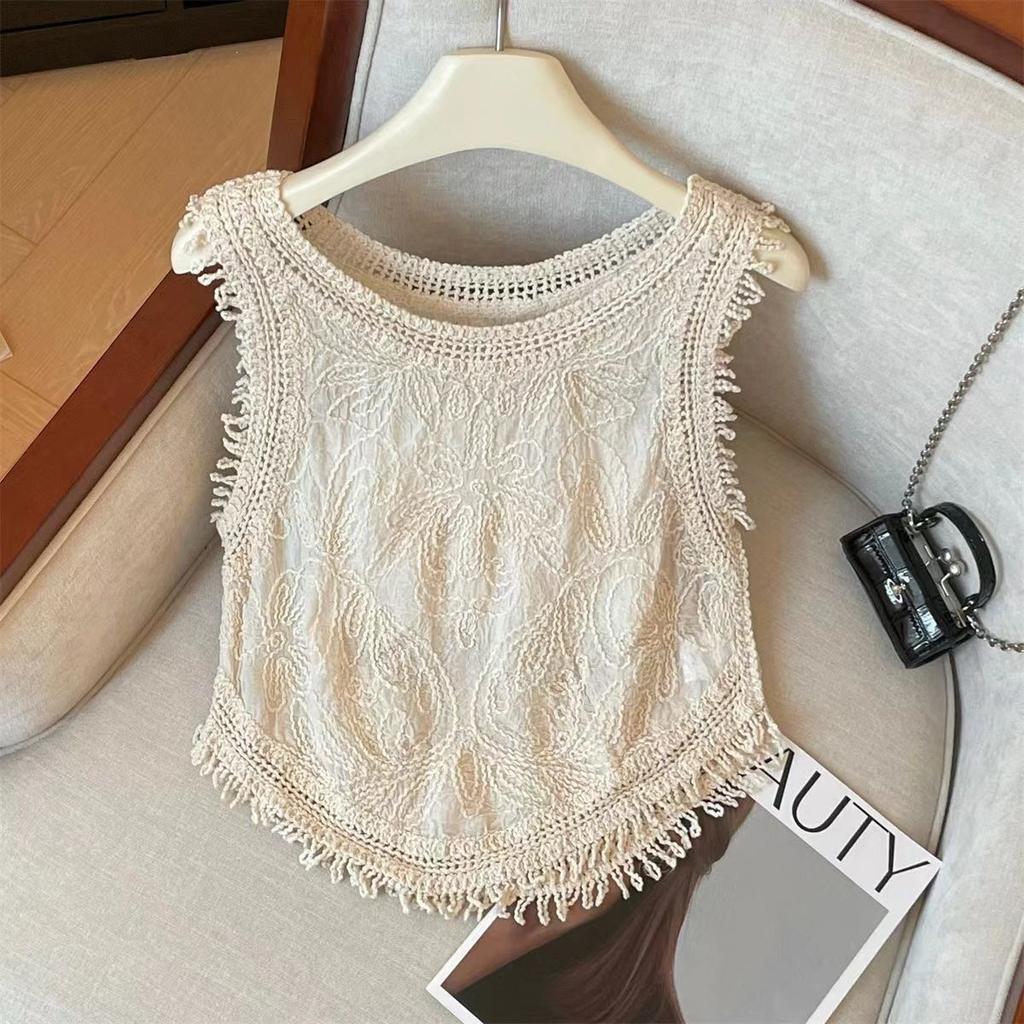 French Fringed Jacquard Knitted Vest Women's Summer Bohemian Style Outside Temperament Short Top Boho Romantic Waist Lifting Cropped Tank Top