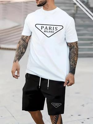 Set de tricou cu mânecă scurtă și pantaloni scurți, 100% bumbac, pentru bărbați, casual de vară, cu imprimeu cu litere PARIS