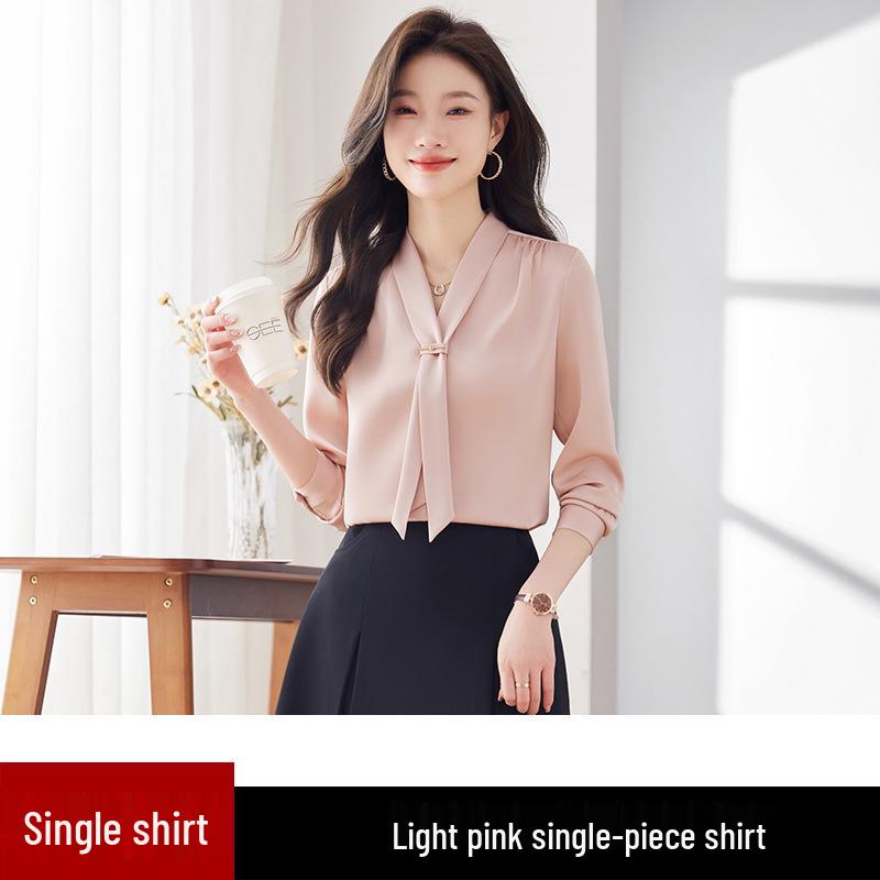 2024 Frühling Damen Stehkragen Bindeband Satin Fließende Bluse - Lockere Passform, Professionelles OL-Design