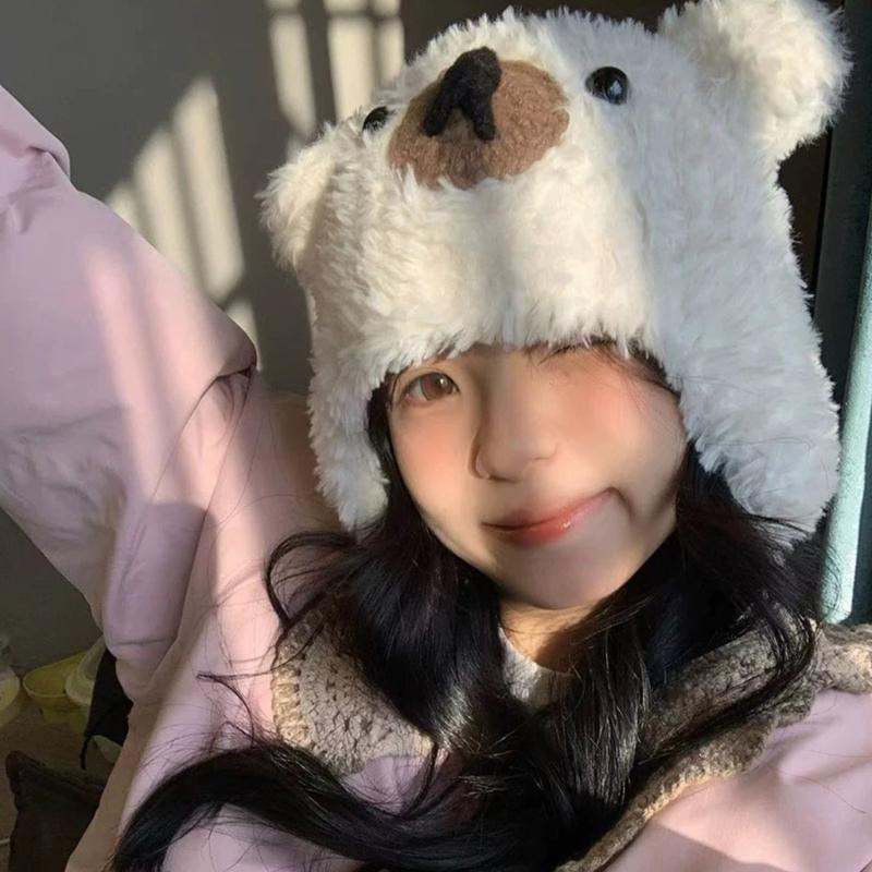 Cartoon Bear Plush Hat Adjustable Headwear Unisex Fashion Warm Lovely Hat for Adults and Kids