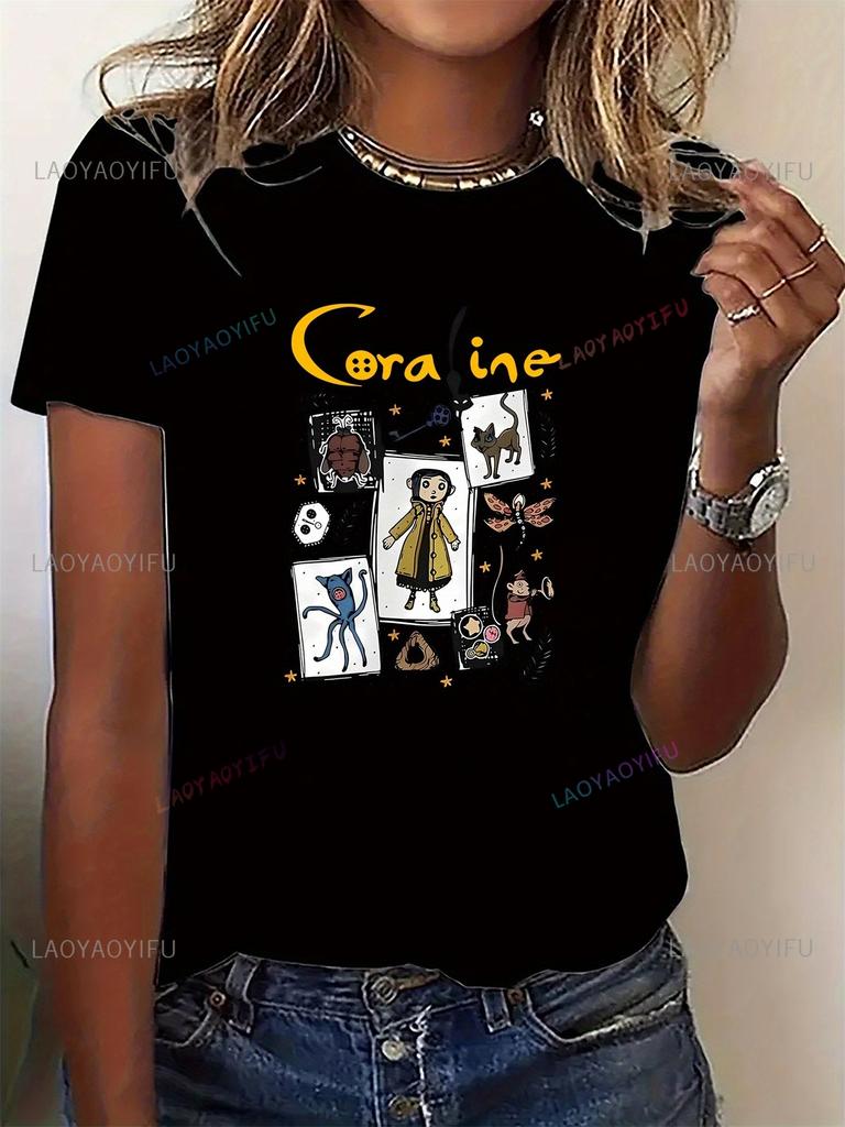 Caroline Bedrucktes T-Shirt Oberteile Damenmode Cartoon Grafik T-Shirt Lässig Rundhals Kurzarm Neuheit Trendige Kleidung