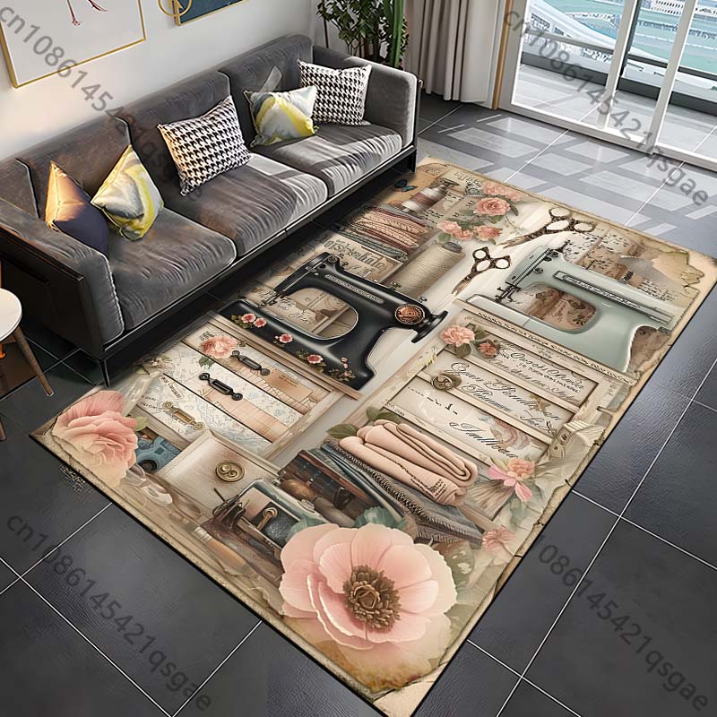 Retro sewing machine poster Pattern Rug Carpet for Living Room Bathroom Mat Creative Doormat Carpet for Bedroom Home Decor