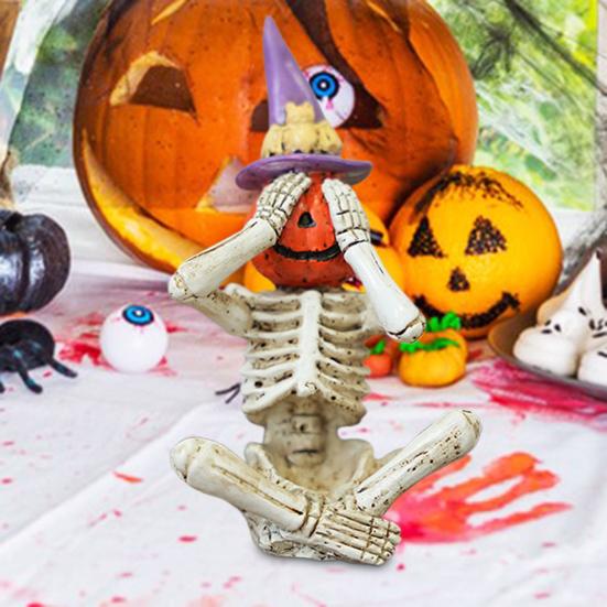 Halloween Skeleton Pumpkin Figurine Resin See Hear Speak No Evil Pumpkin Head Skeleton Statue for Home Haunted House Decor