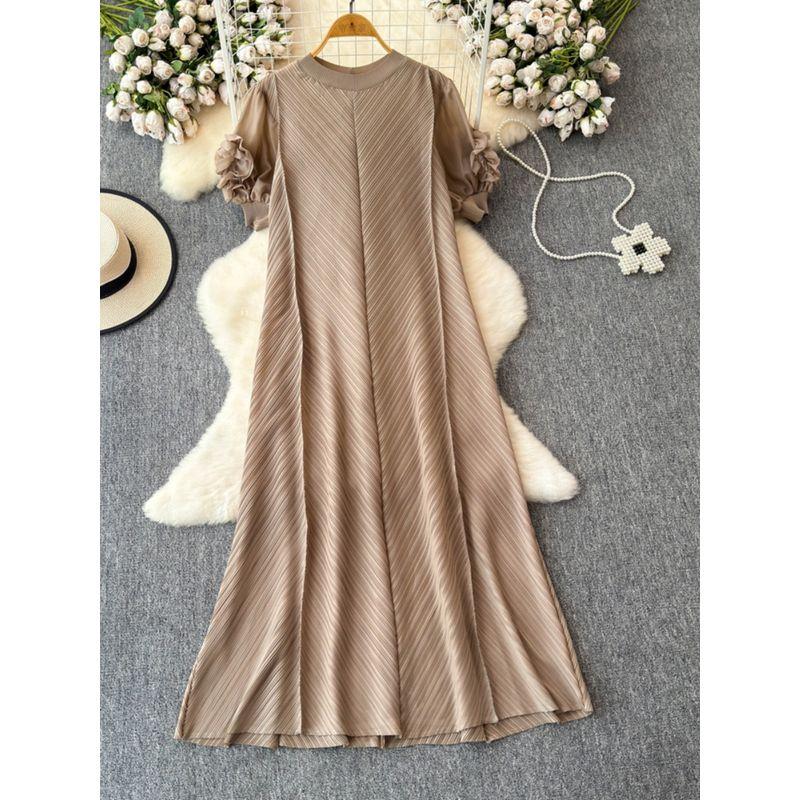 Sanzhai Ruched Fancy Dress Women's Plate Flower Loose Slim Looking French Plus Size Dress Elegance Elegant Long Dress