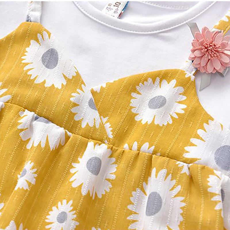 Kids Toddler Round Collar Princess Sundress Summer Casual Baby Girl Dress Newborn Short Sleeve Fake 2 Piece Floral Pattern Dress