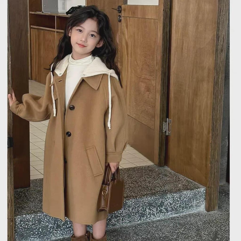 "2024 Girls' Medium/Large Woolen Winter Coat: Korean-Style Loose Cardigan Windbreaker"