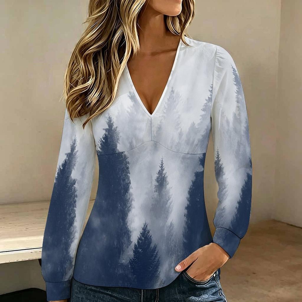 Plus Size Women V Neck Lantern Long Sleeve Top Color Block Print Slim Fit Casual Blouse