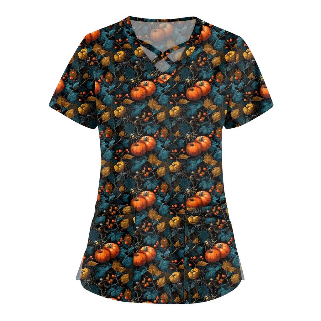 Women's Fashion Cross V Neck Short Sleeve Overalls Double Pockets Halloween Printed Tops Uniforms
