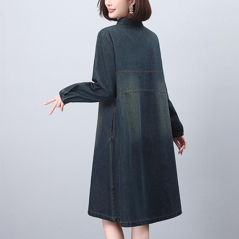 2024 Spring/Autumn Mid-Length Denim A-Line Shirt Dress with Long Sleeves