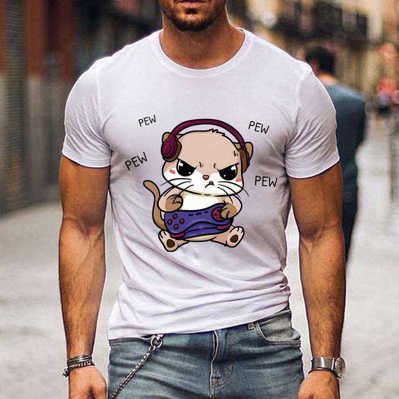 

Новая повседневная одежда, мужские футболки с видеоиграми, рубашки с рисунком кошек, играющих в игры, футболки Pew Pew Pew, уличные топы с короткими рукавами XXXL белый