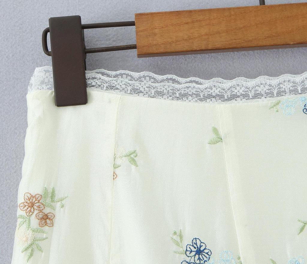 Women's French Style Embroidered Square Neck Lace Top & High Waist Long Skirt Set