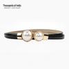 Pearl Black Leather Waist-Cinching Belt for Women - Stylish and Versatile Thin Waistband