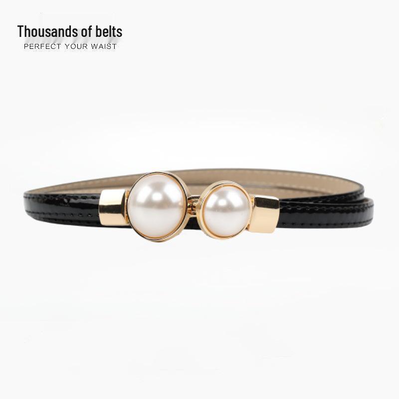 Pearl Black Leather Waist-Cinching Belt for Women - Stylish and Versatile Thin Waistband